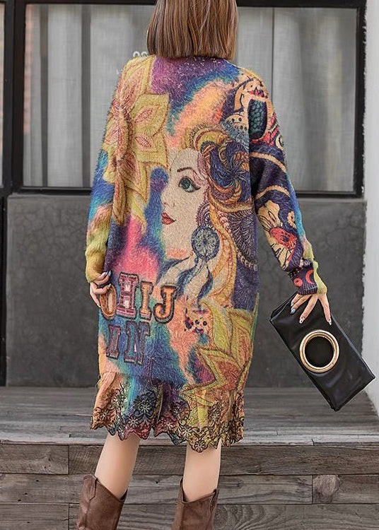 Butterfly Lace Patchwork Mink Velvet Dress O Neck Long Sleeve