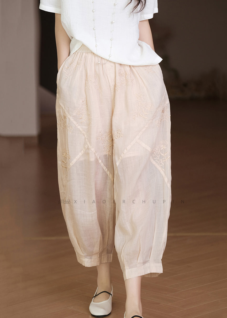 Casual Apricot Embroidered Pockets Linen Crop Pants Summer