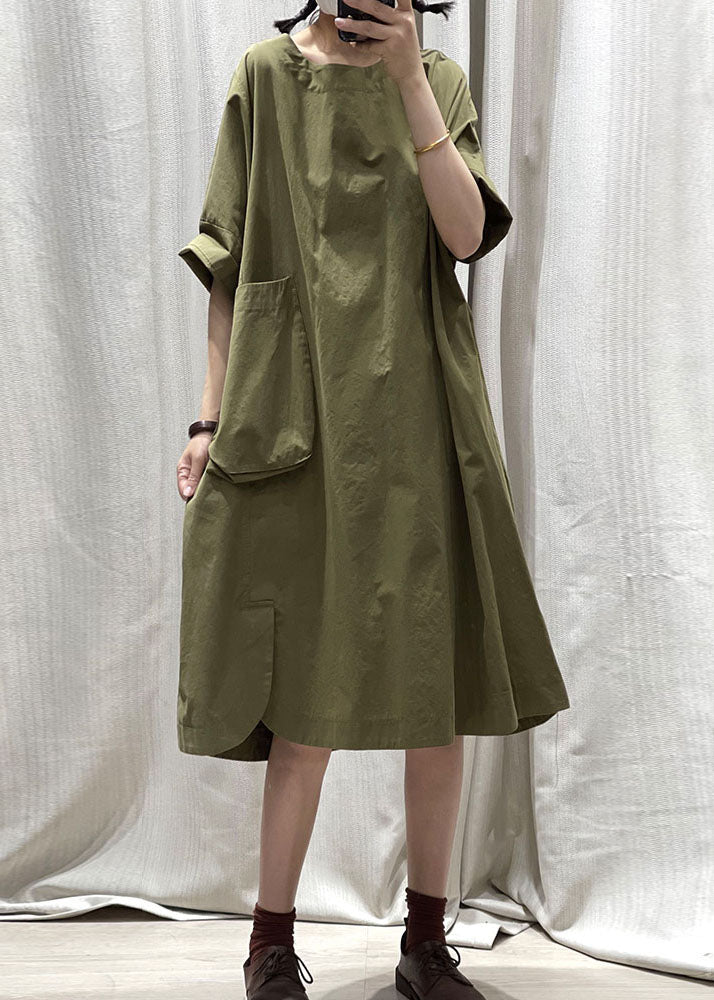 Casual Army Green O Neck Pockets Patchwork Cotton Mid Dress Summer