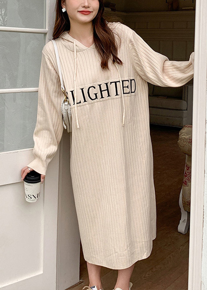 Casual Beige Hooded Patchwork Letter Knit Sweatshirts Dress Fall