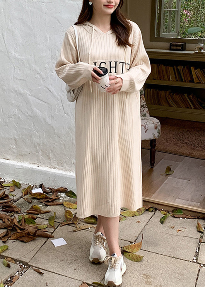 Casual Beige Hooded Patchwork Letter Knit Sweatshirts Dress Fall