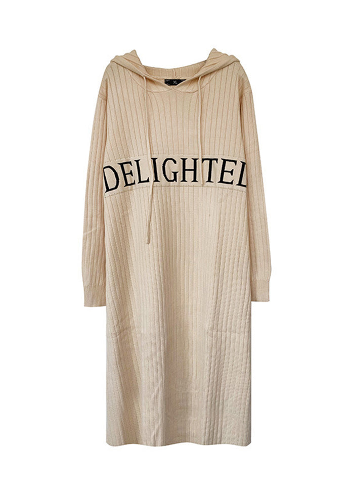 Casual Beige Hooded Patchwork Letter Knit Sweatshirts Dress Fall