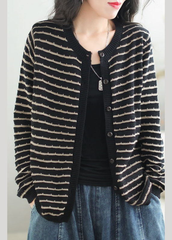 Casual Black O-Neck Striped Patchwork Button Cozy Cotton Knit Sweaters Coats Fall