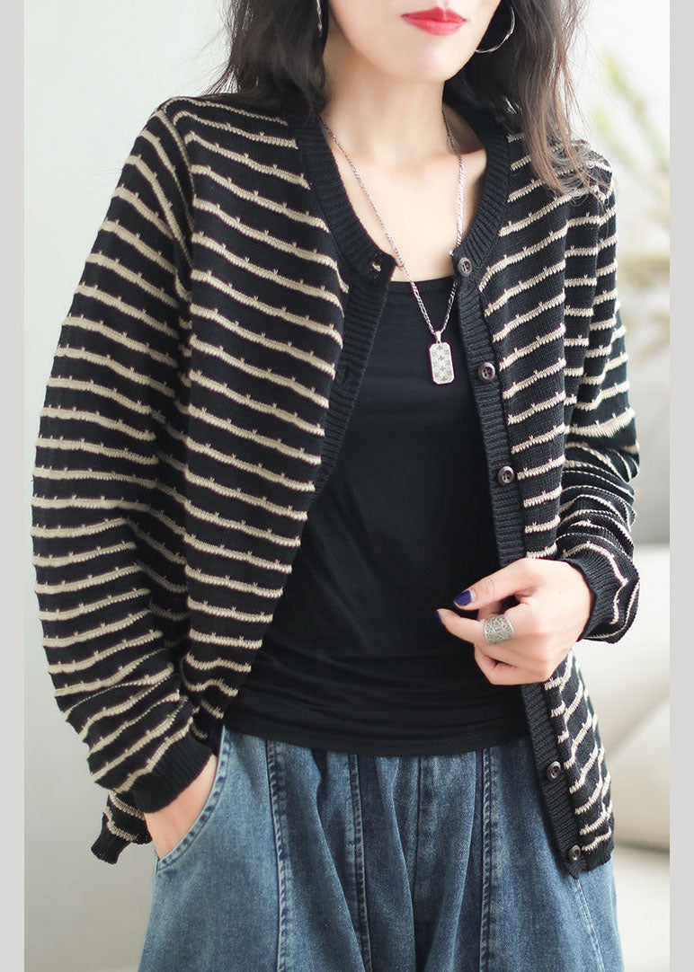 Casual Black O-Neck Striped Patchwork Button Cozy Cotton Knit Sweaters Coats Fall
