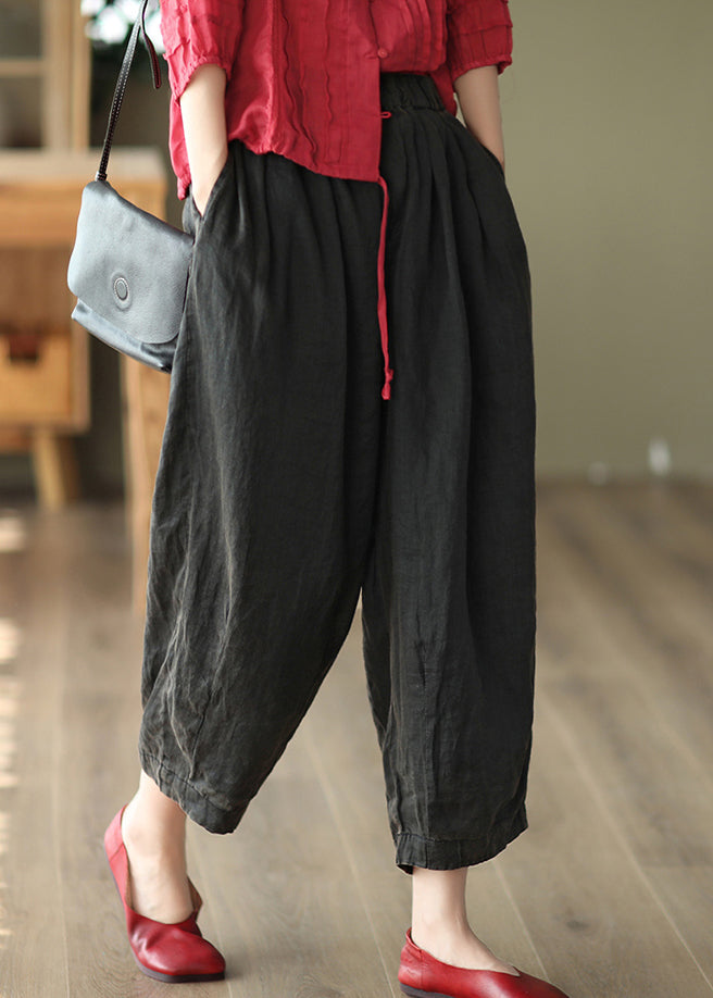 Casual Black Solid Pockets High Waist Linen Harem Pants