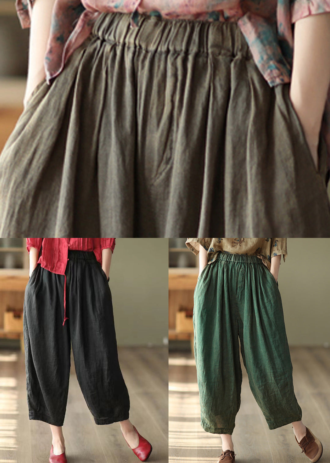 Casual Black Solid Pockets High Waist Linen Harem Pants