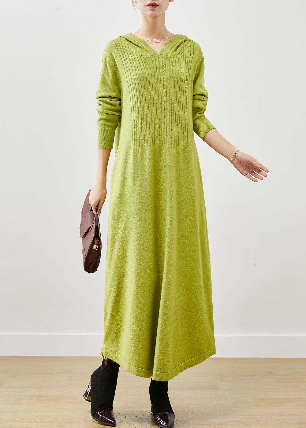 Casual Fluorescent Green Hooded Knit Dress Spring