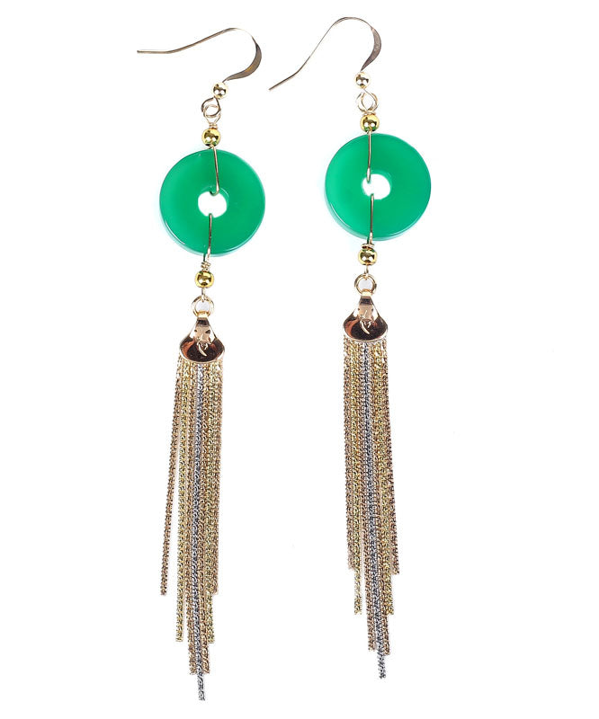 Casual Green 14K Gold Ping Buckle Chalcedony Tassel Drop Earrings