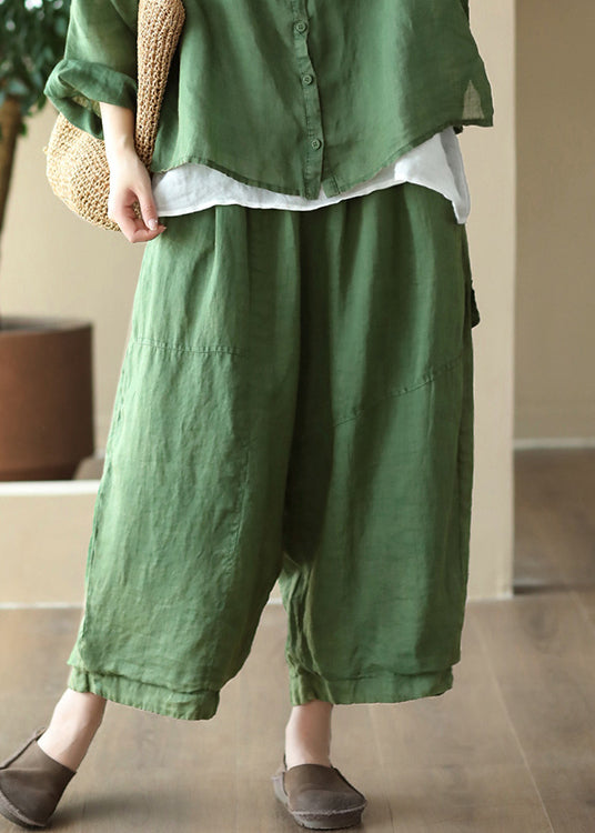 Casual Green Solid Pockets High Waist Linen Wide Leg Pants