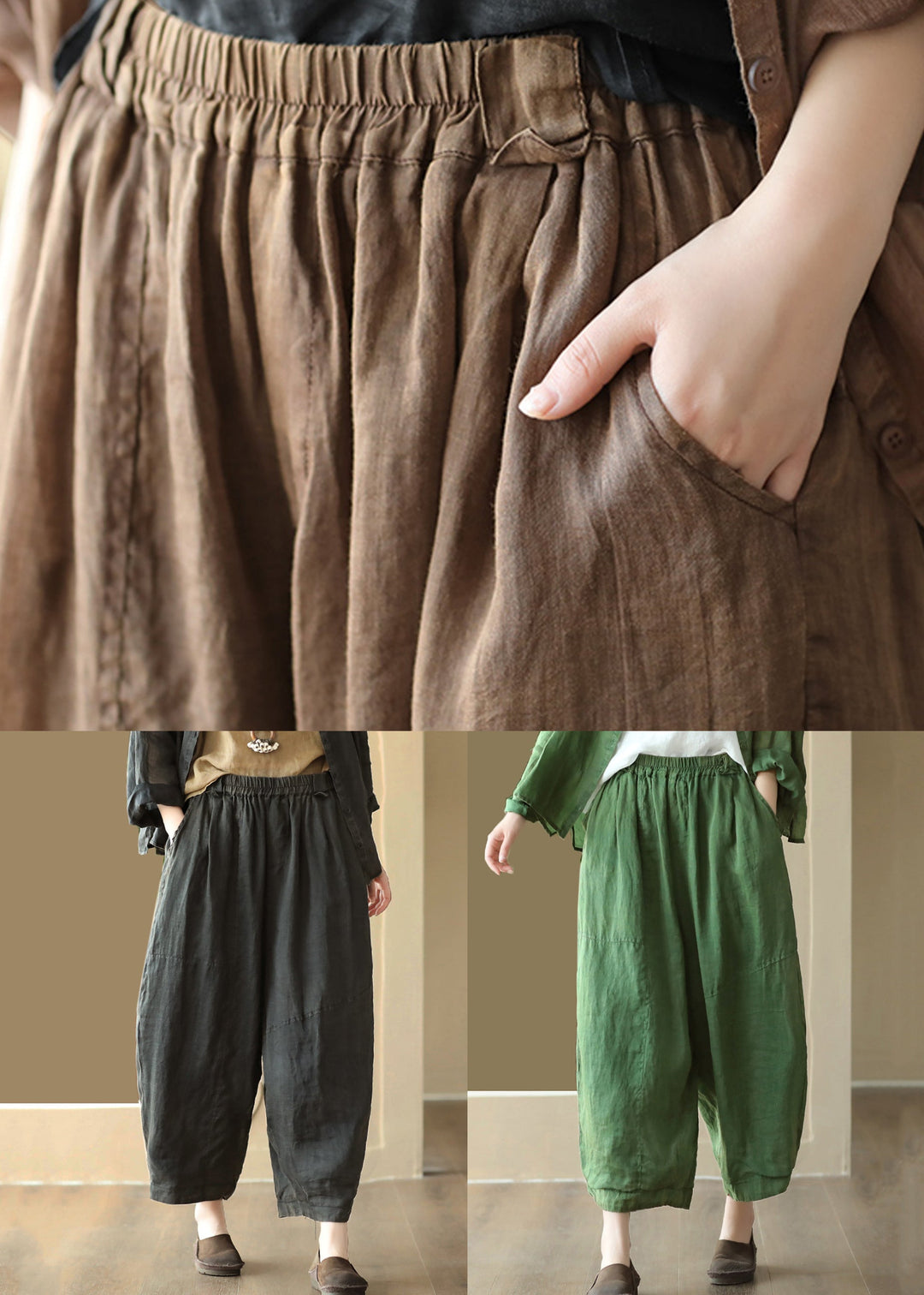 Casual Green Solid Pockets High Waist Linen Wide Leg Pants