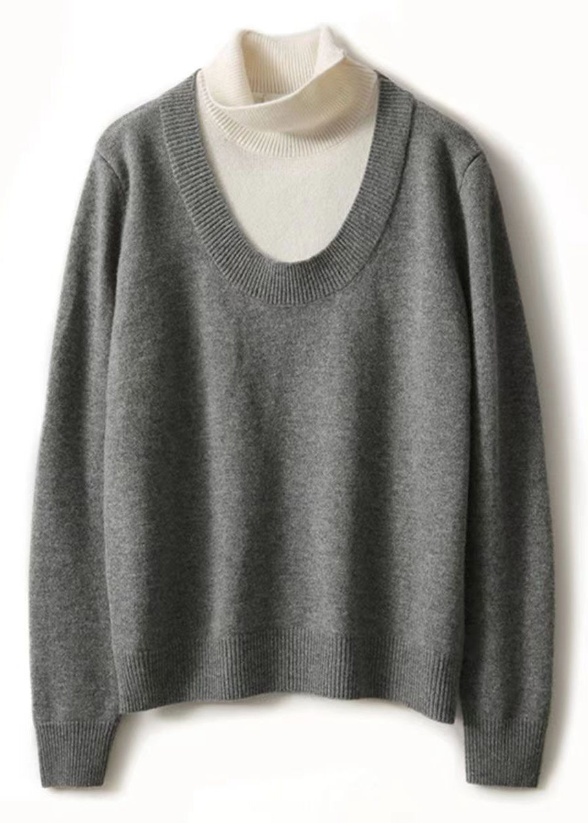 Casual Grey Hign Neck Thick Patchwork Woolen Knit Pullover Fall