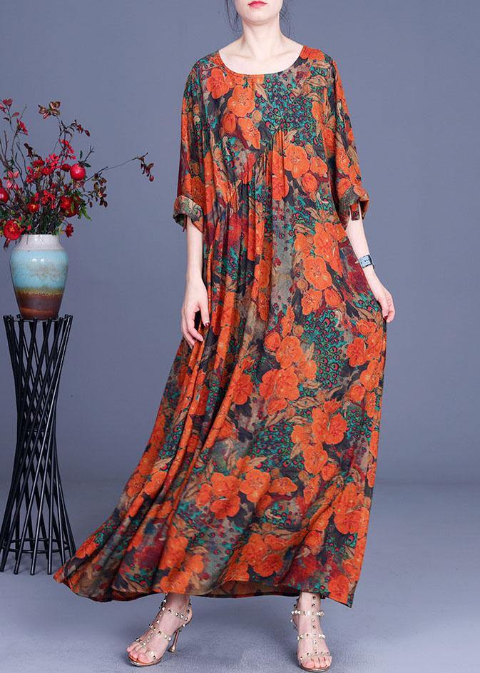 Casual Orange Print O-Neck Asymmetrical Design Summer Silk Cute Long Dresses - Omychic