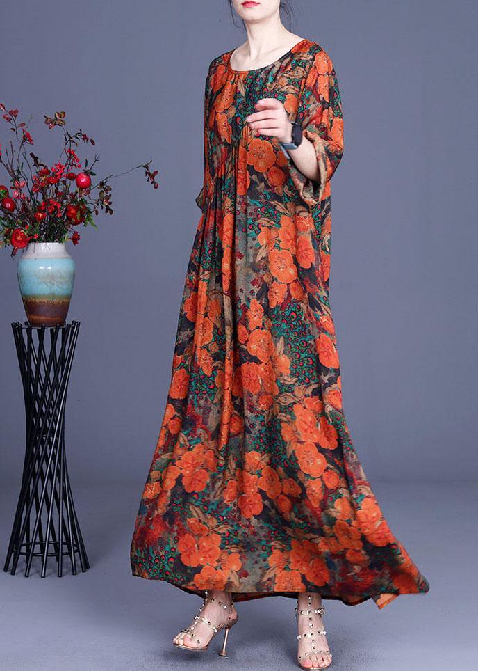 Casual Orange Print O-Neck Asymmetrical Design Summer Silk Cute Long Dresses - Omychic