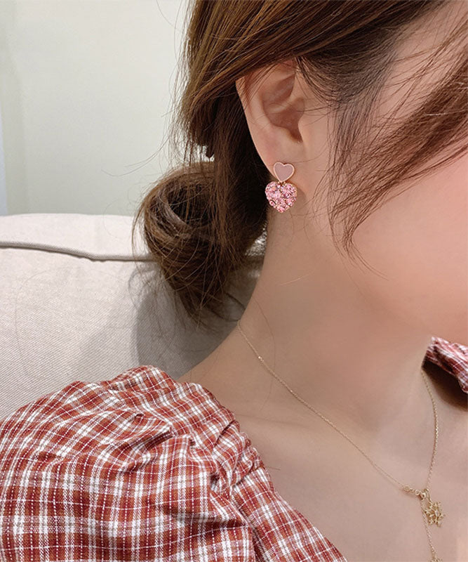 Casual Pink Alloy Inlaid Gem Stone Zircon Love Stud Earrings