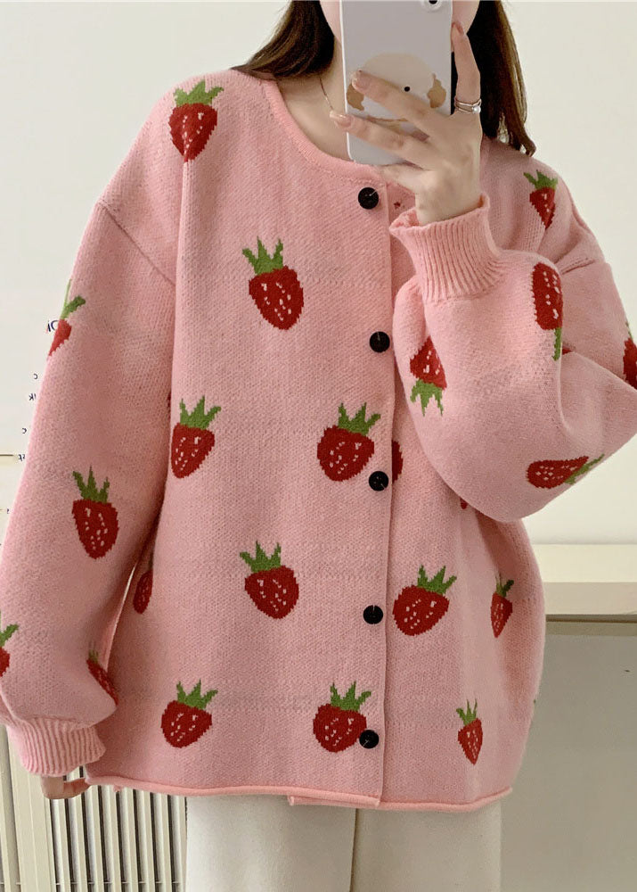 Casual Pink Strawberry Floral Cotton Knit Sweaters Coats Fall