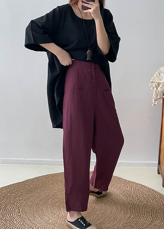 Casual Purple High Waist Button Down Cotton Pants Trousers Fall