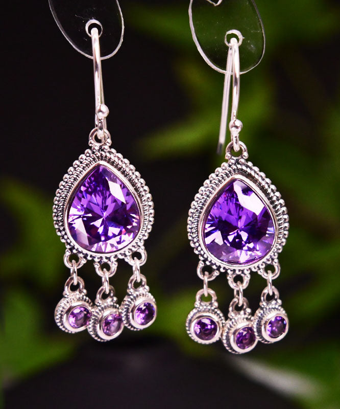 Casual Purple Sterling Silver Crystal Water Drops Drop Earrings