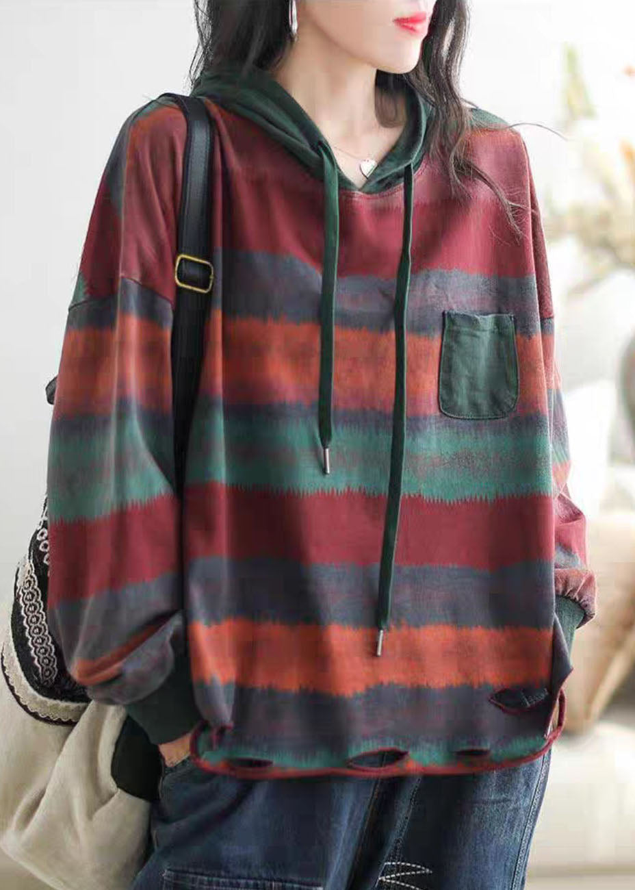 Casual Red Drawstring Striped Hole Hooded Sweatshirt Long Sleeve