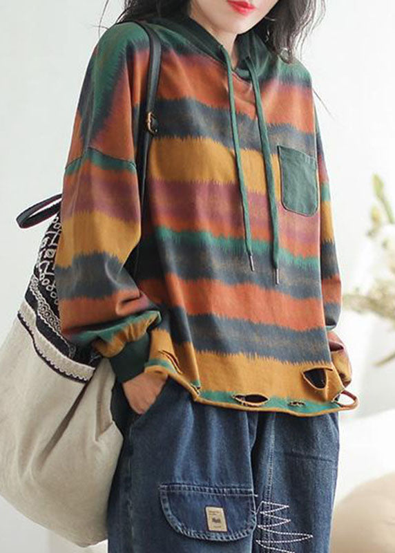 Casual Red Drawstring Striped Hole Hooded Sweatshirt Long Sleeve