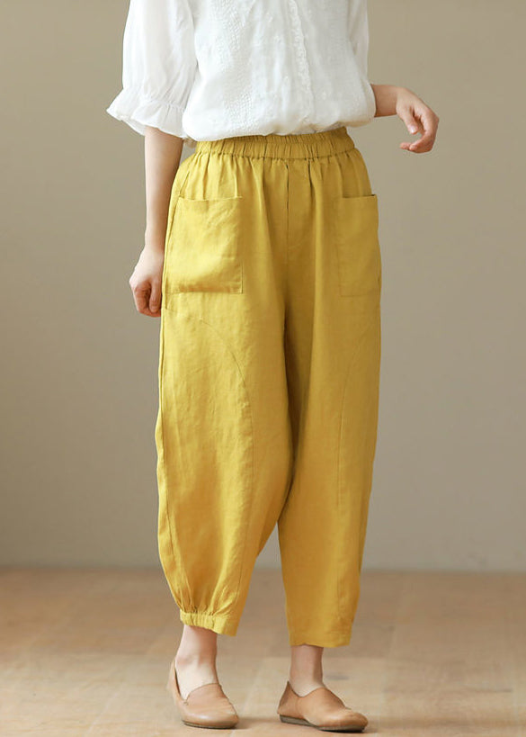 Casual Yellow Solid Elastic Waist Cotton Harem Pants Summer