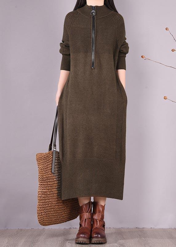 Chic Chocolate Dresses Zippered Pockets Maxi Spring Dress - Omychic