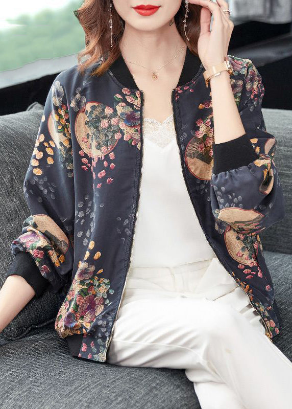 Chic Dark Gray Zip Up Print Pockets Patchwork Silk Coats Fall