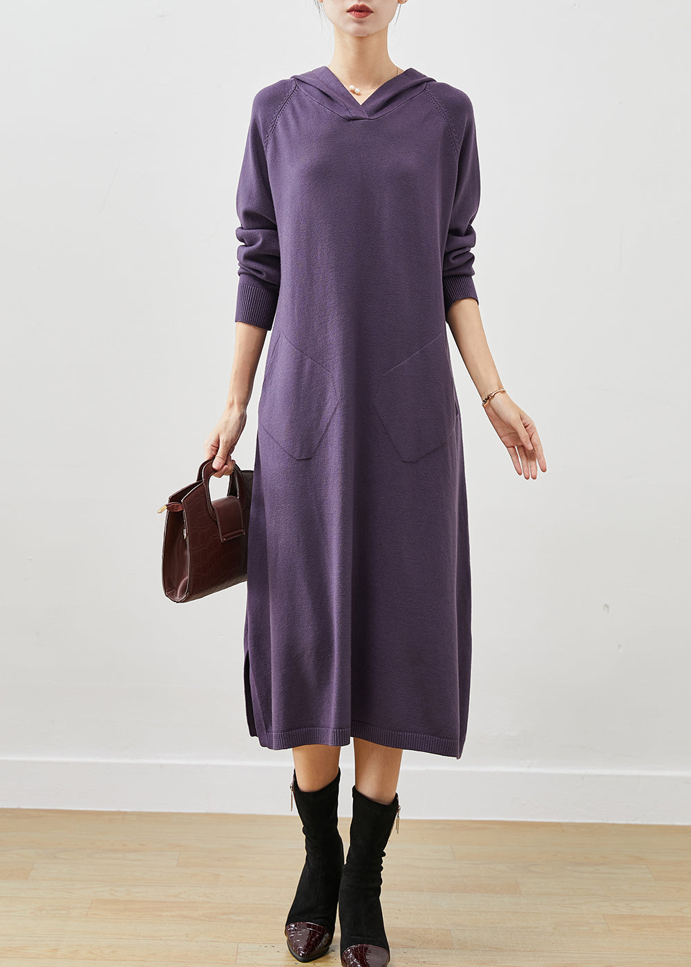 Chic Dull Purple Hooded Side Open Knit Dress Spring