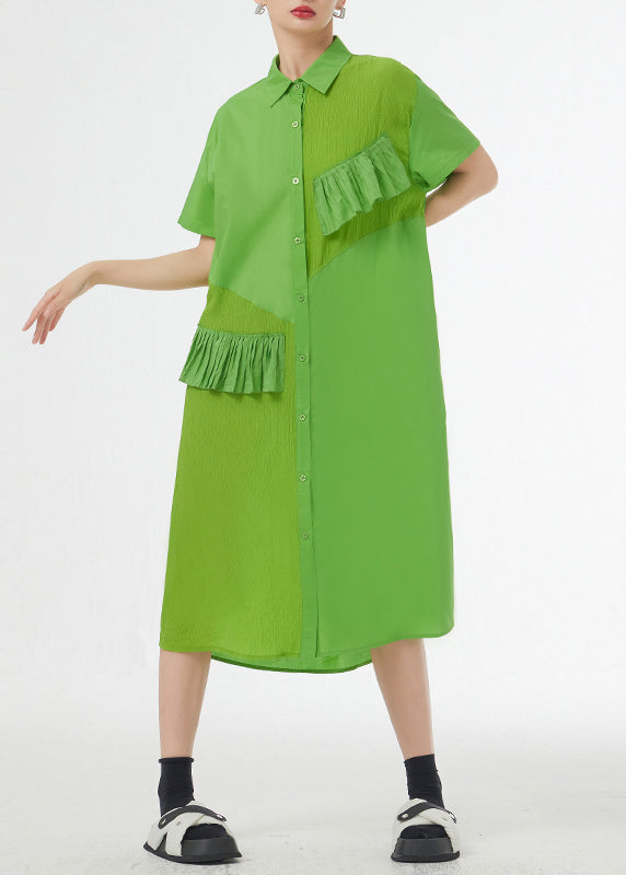 Chic Grass Green Ruffled Button Patchwork Cotton Shirts Dress Summer