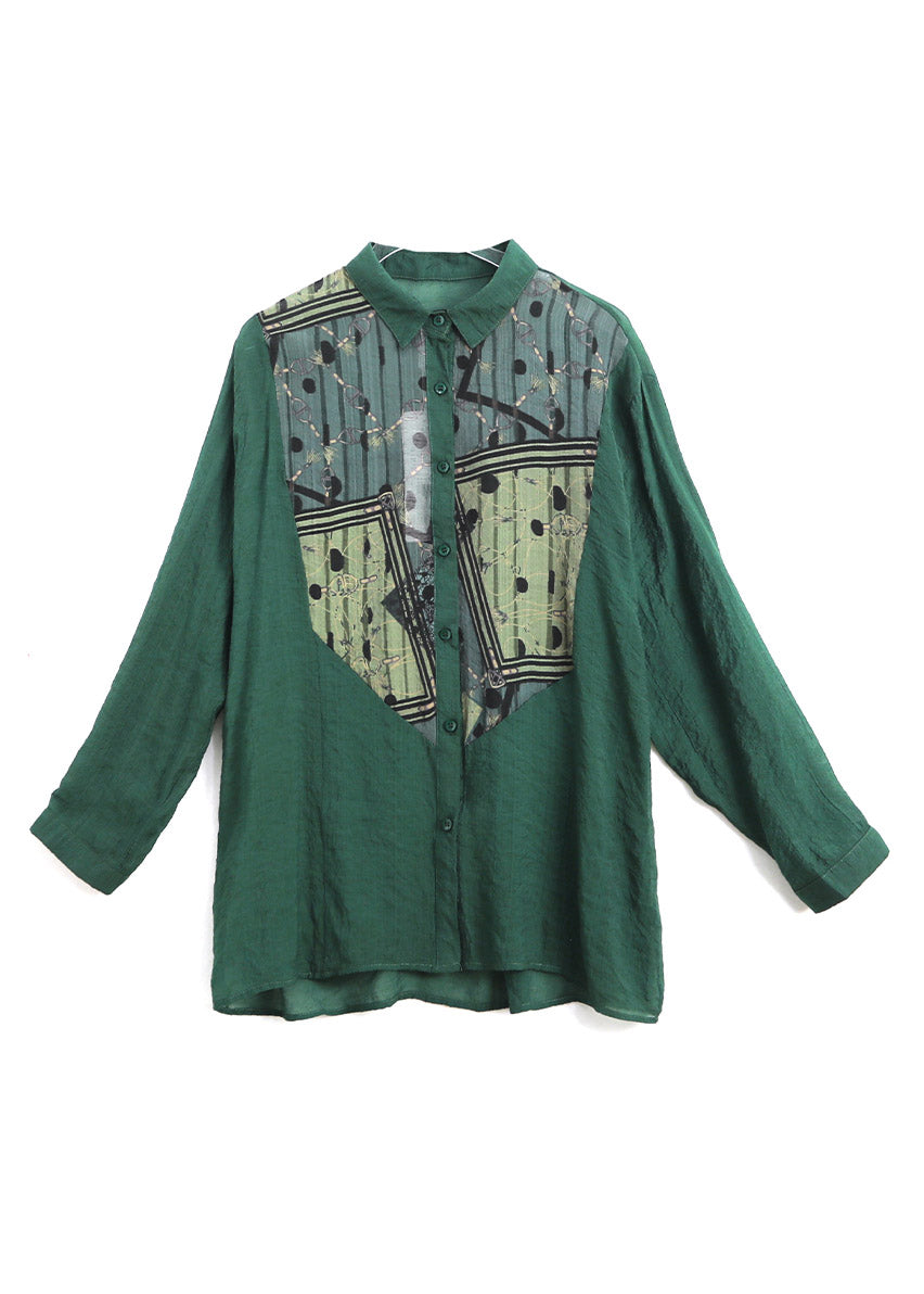 Chic Green Peter Pan Collar Print Button Cotton Shirts Long Sleeve