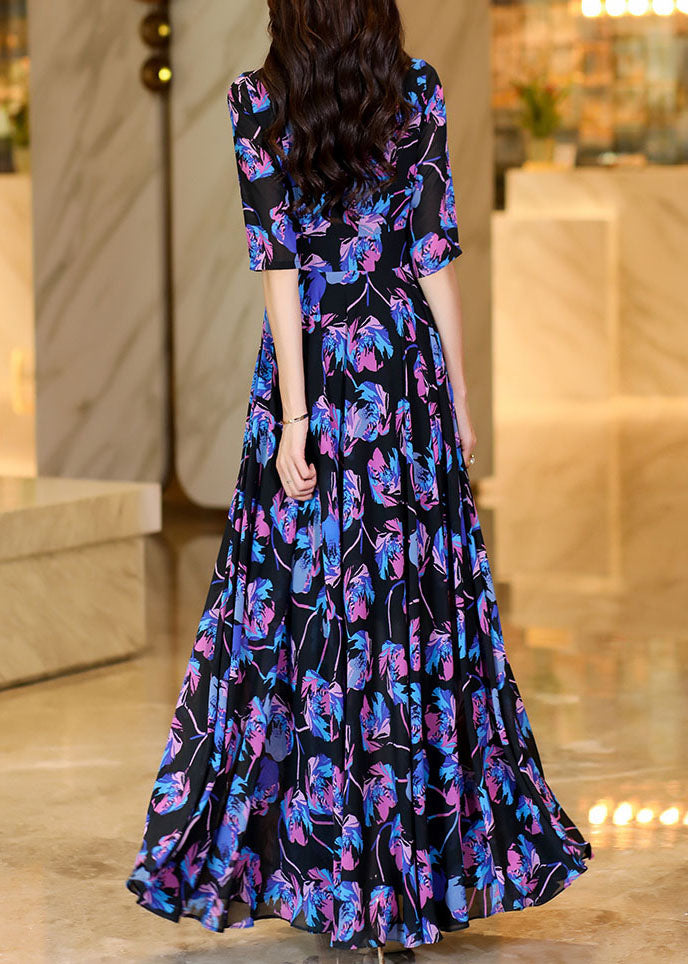 Chic Print High Waist Holiday Chiffon Maxi Dress Half Sleeve