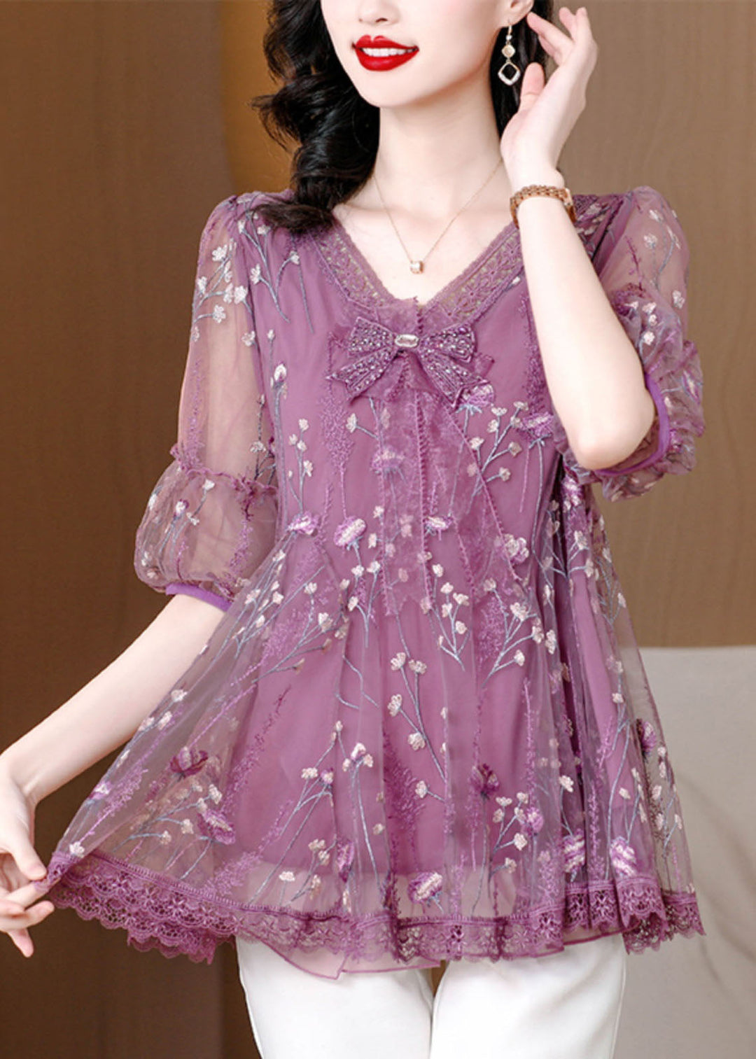 Chic Purple V Neck Embroideried Bow Lace Top Summer