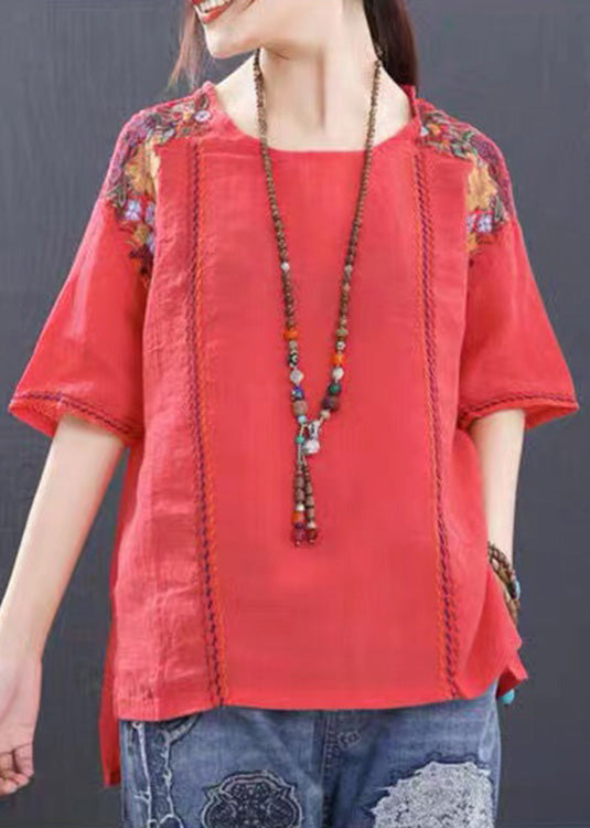 Chic Red O-Neck Embroideried Low High Design T Shirts Short Sleeve