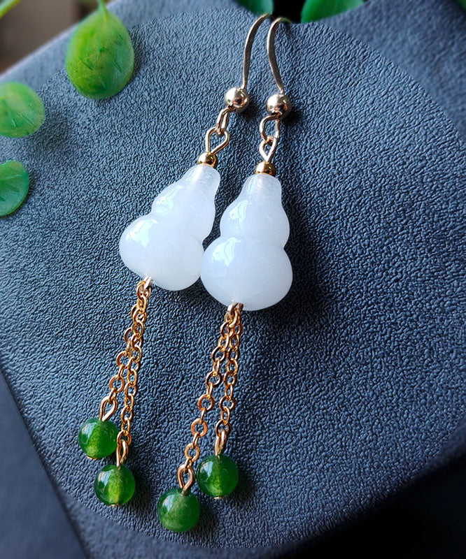 Chic White 14K Gold Jade Gourd Gem Stone Tassel Drop Earrings