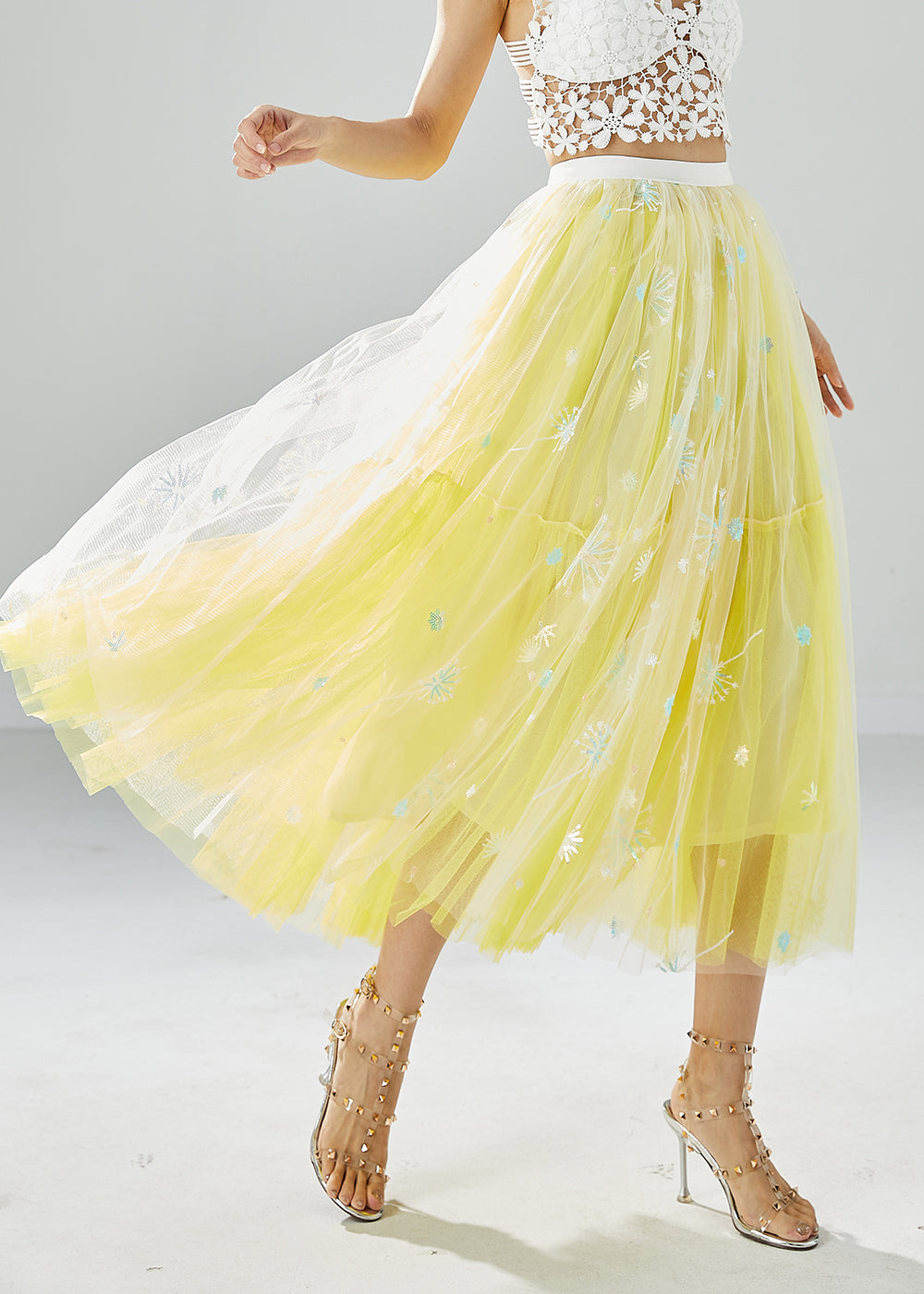 Chic Yellow Dandelion Embroideried Wear On Both Sides Tulle Skirts Summer