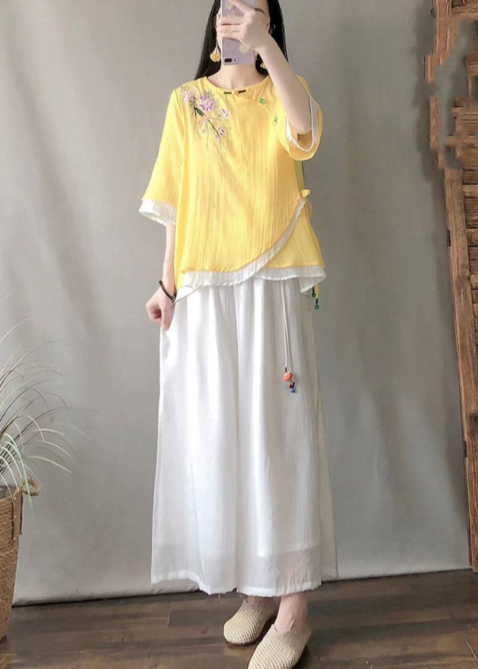 Chic Yellow Embroideried Patchwork Linen Shirt Tops Summer
