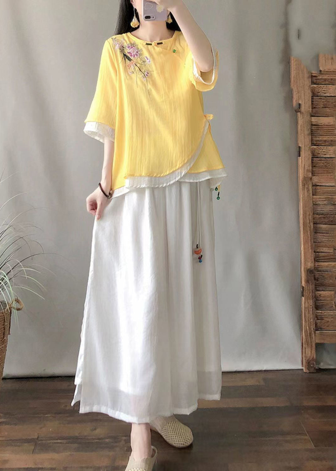 Chic Yellow Embroideried Patchwork Linen Shirt Tops Summer