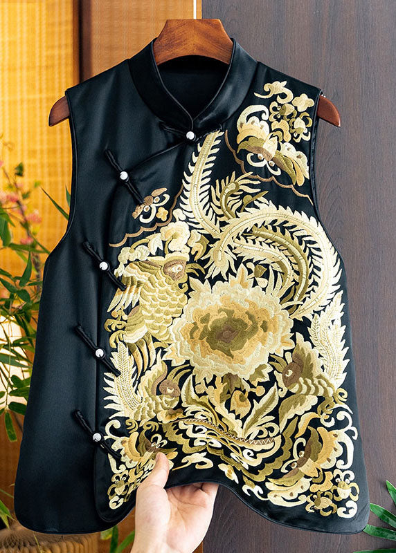 Chic Yellow Stand Collar Embroideried Side Open Silk Waistcoat Fall