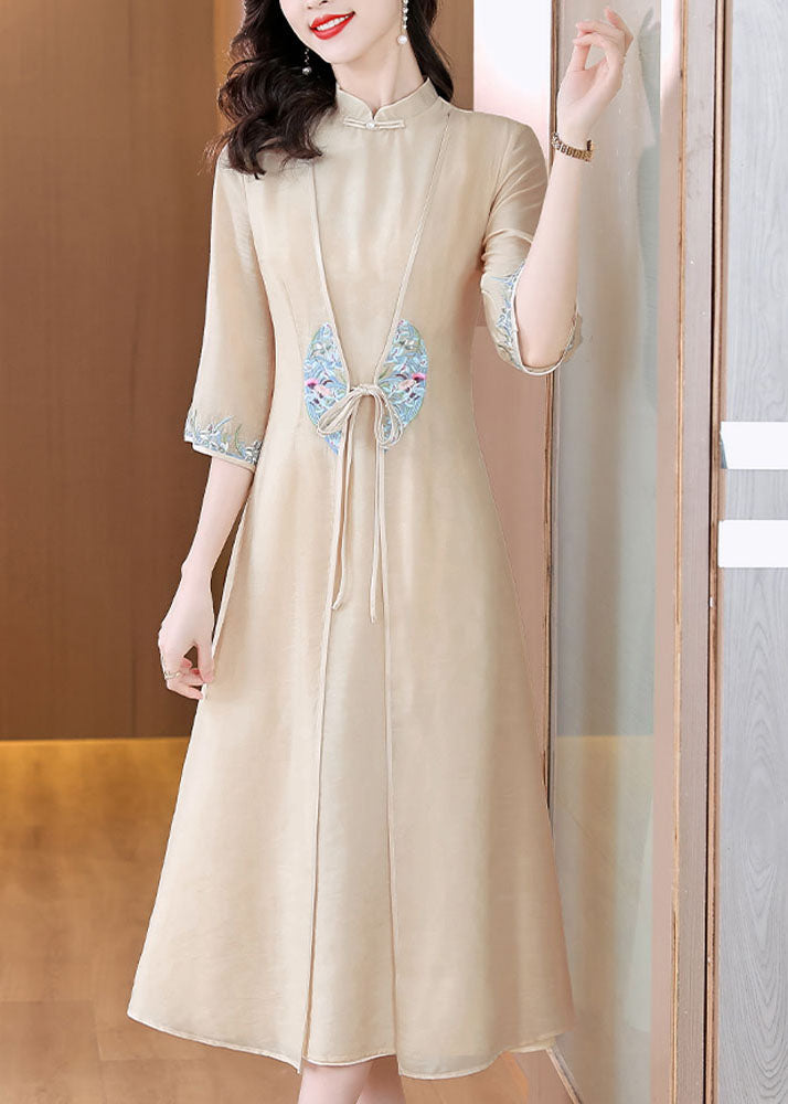 Chinese Style Apricot Stand Collar Embroideried Patchwork Tie Waist Silk Maxi Dress Long Sleeve