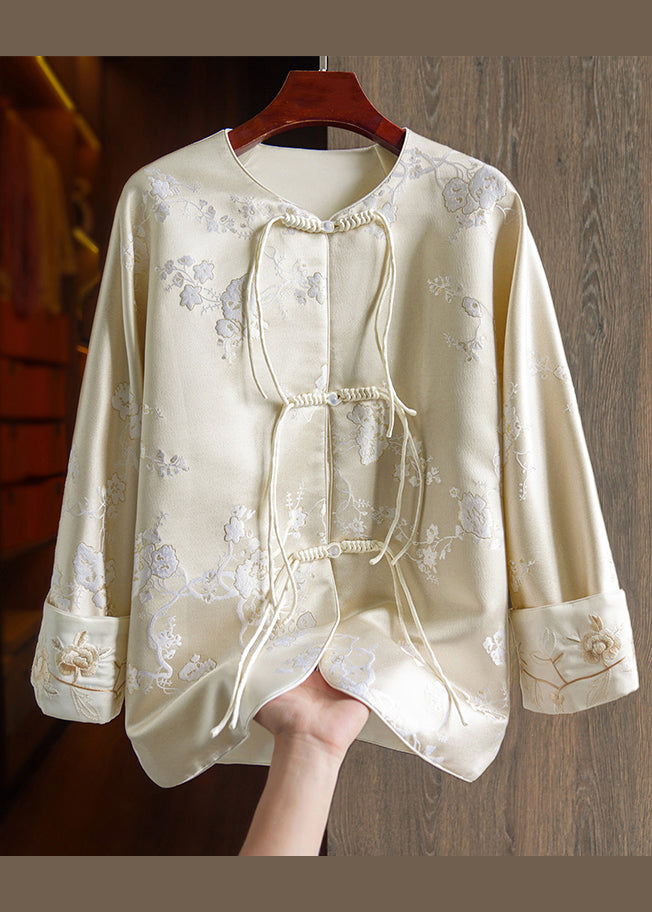 Chinese Style Apricot Tasseled Button Embroideried Silk Coats Fall