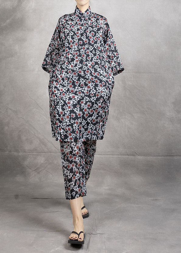 Chinese Style Black Print Tops And Pants Linen Two Pieces Set Summer