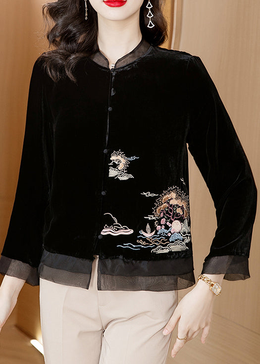 Chinese Style Black Stand Collar Embroideried Velour Top Spring