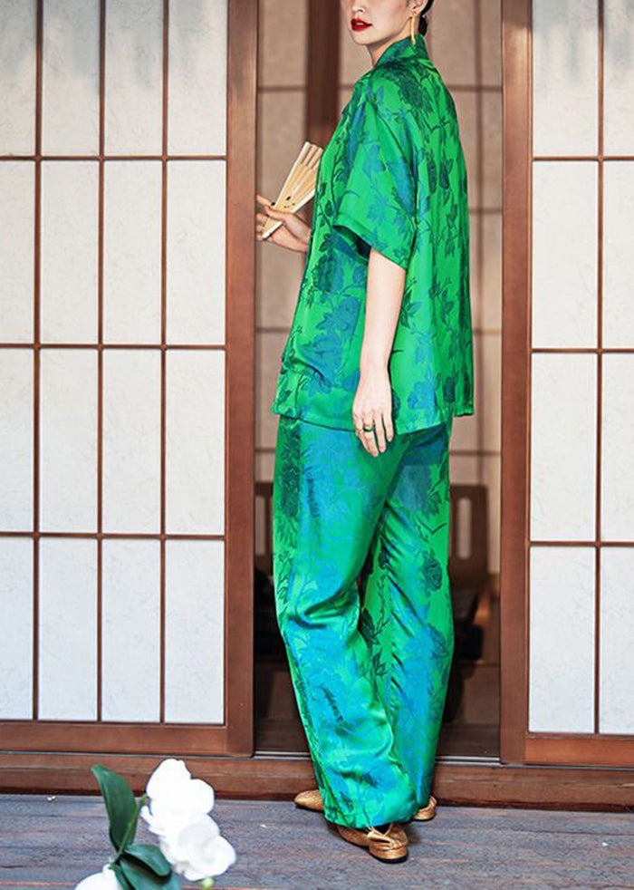 Chinese Style Green Chinese Button Side Open Ice Silk Pajamas Two