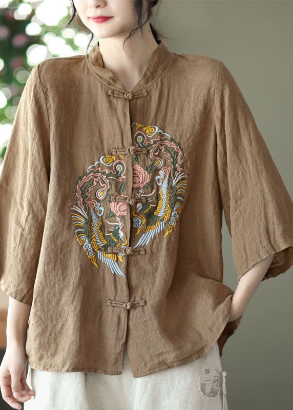 Chinese Style Green Embroideried Button Patchwork Cotton Shirt Tops Summer