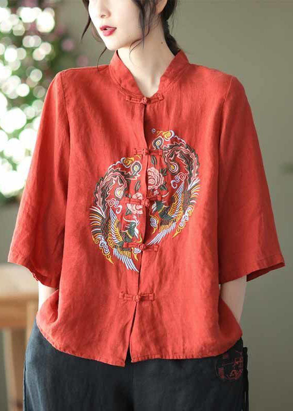 Chinese Style Green Embroideried Button Patchwork Cotton Shirt Tops Summer