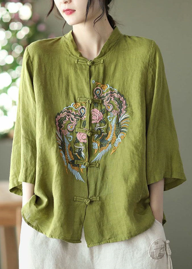 Chinese Style Green Embroideried Button Patchwork Cotton Shirt Tops Summer