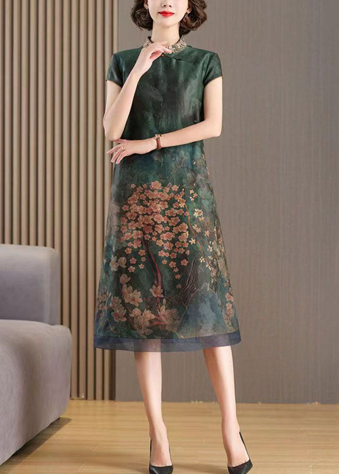 Chinese Style Green Stand Collar Embroideried Patchwork Silk Dresses Summer