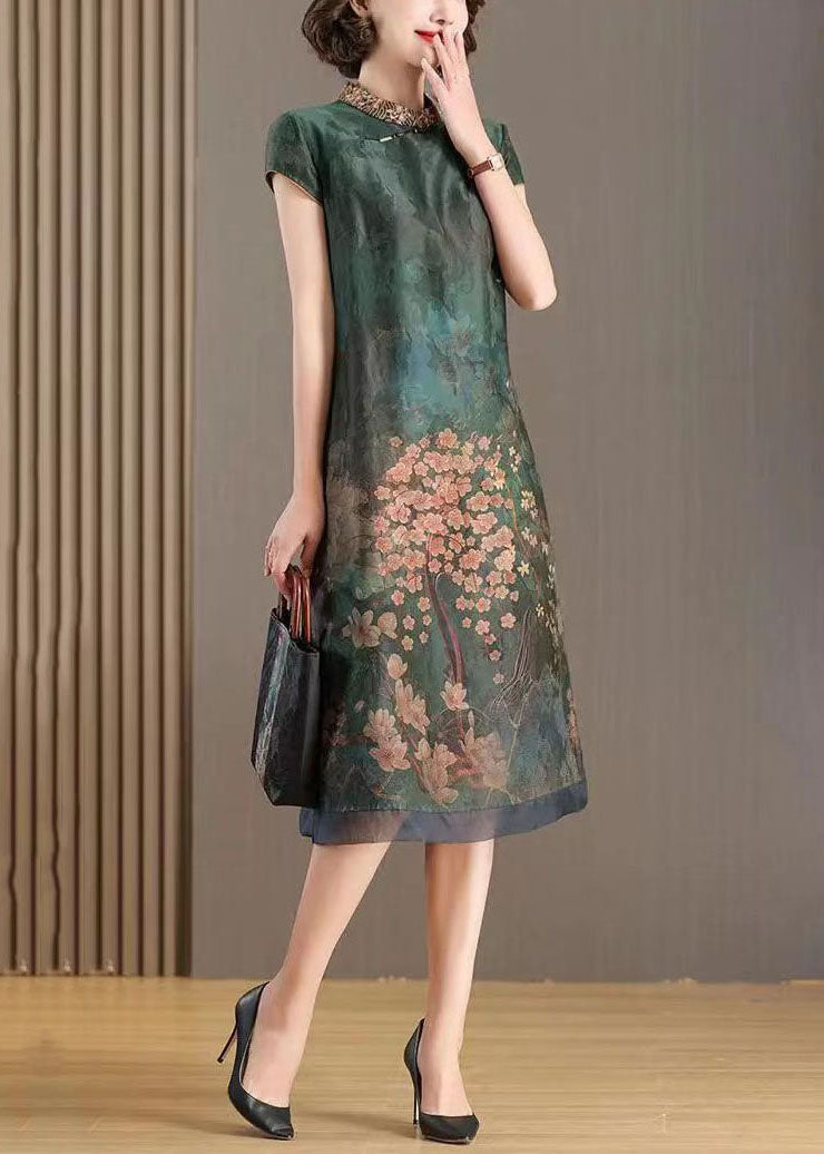 Chinese Style Green Stand Collar Embroidered Patchwork Silk Dresses Summer