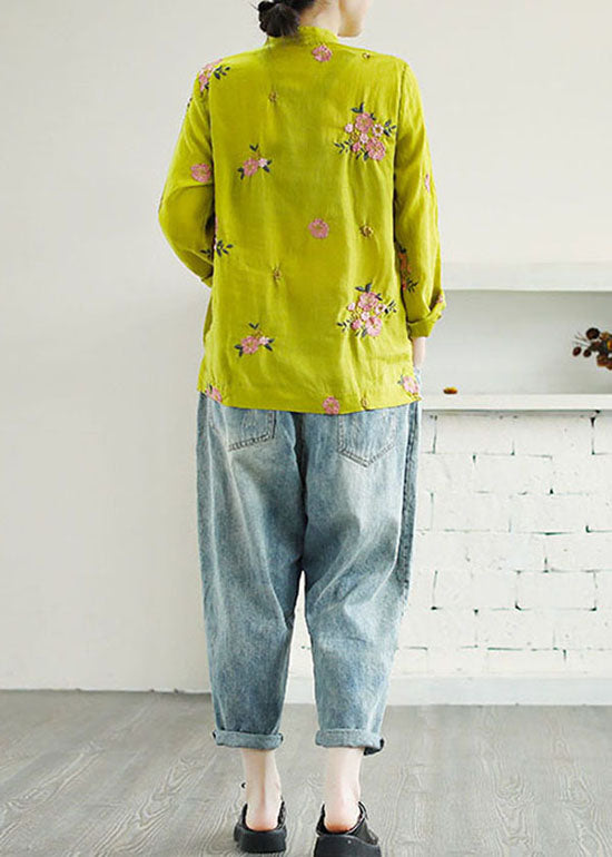 Chinese Style Yellow Embroideried Patchwork Linen Shirt Tops Spring