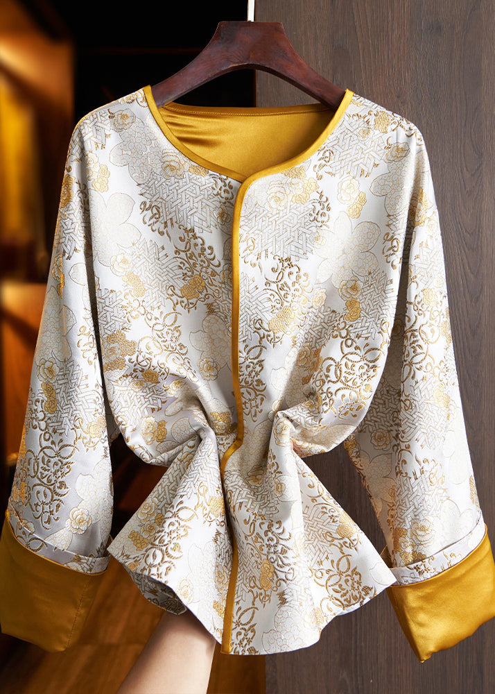 Chinese Style Yellow Jacquard Patchwork Loose Silk Coats Fall