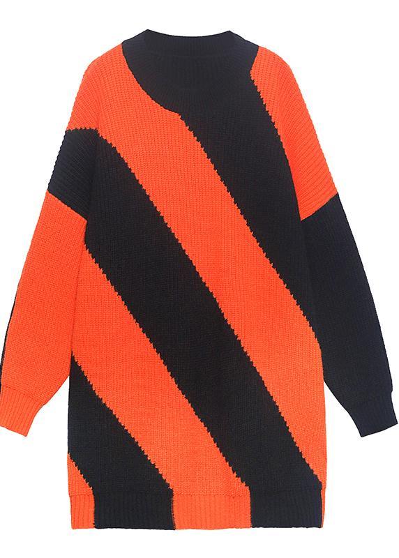 Chunky Black Orange Striped Knit Sweat Tops Plus Size O Neck Knit Tops - Omychic